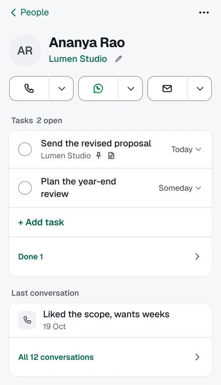 Ananya Rao's page: call, WhatsApp and email buttons, open tasks, last conversation and a note