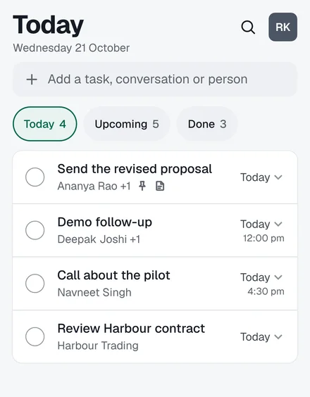 Pocket Desk Today screen: four tasks due today, each with the person it belongs to